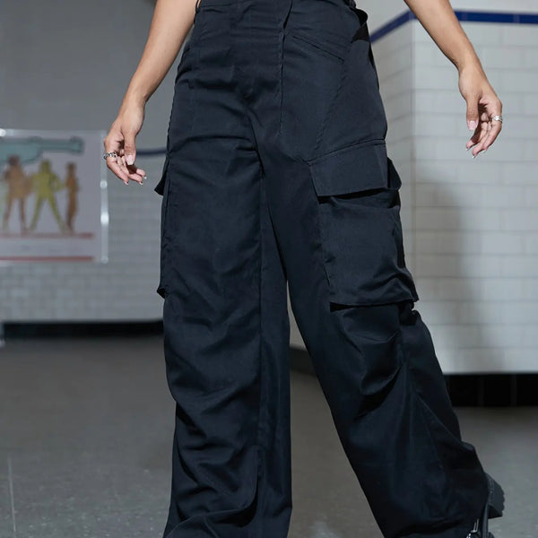 Solid Wide Leg Cargo Pants