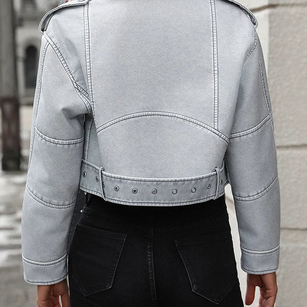 Grey Leather Crop Jacket