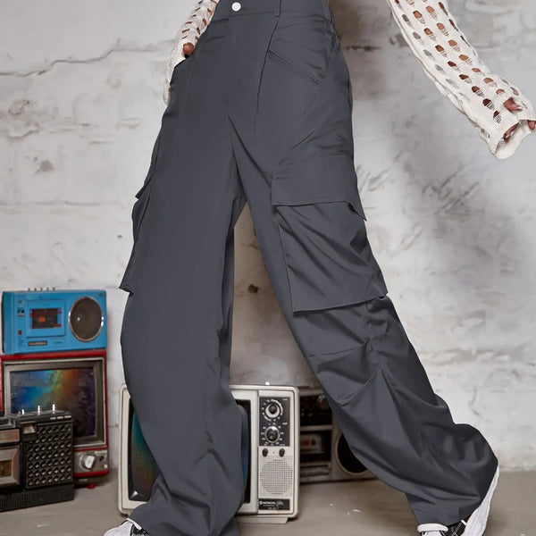 Solid Wide Leg Cargo Pants