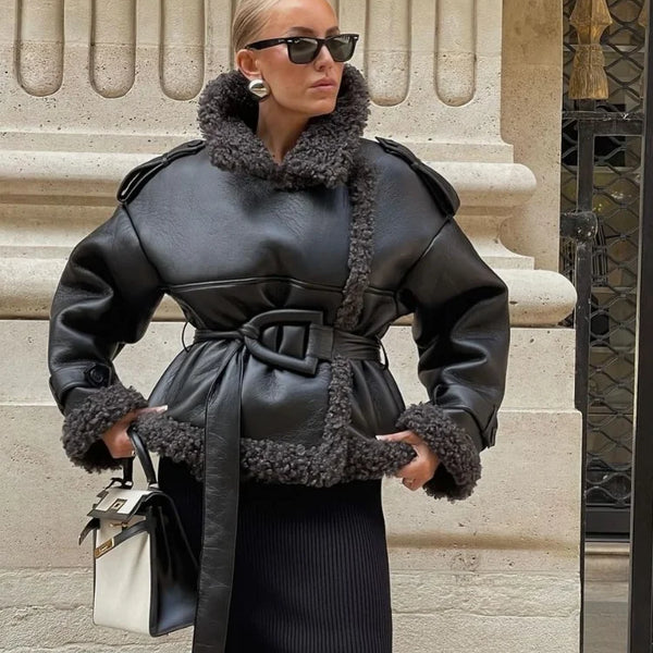 Leather Lamb Wool Lady Jacket
